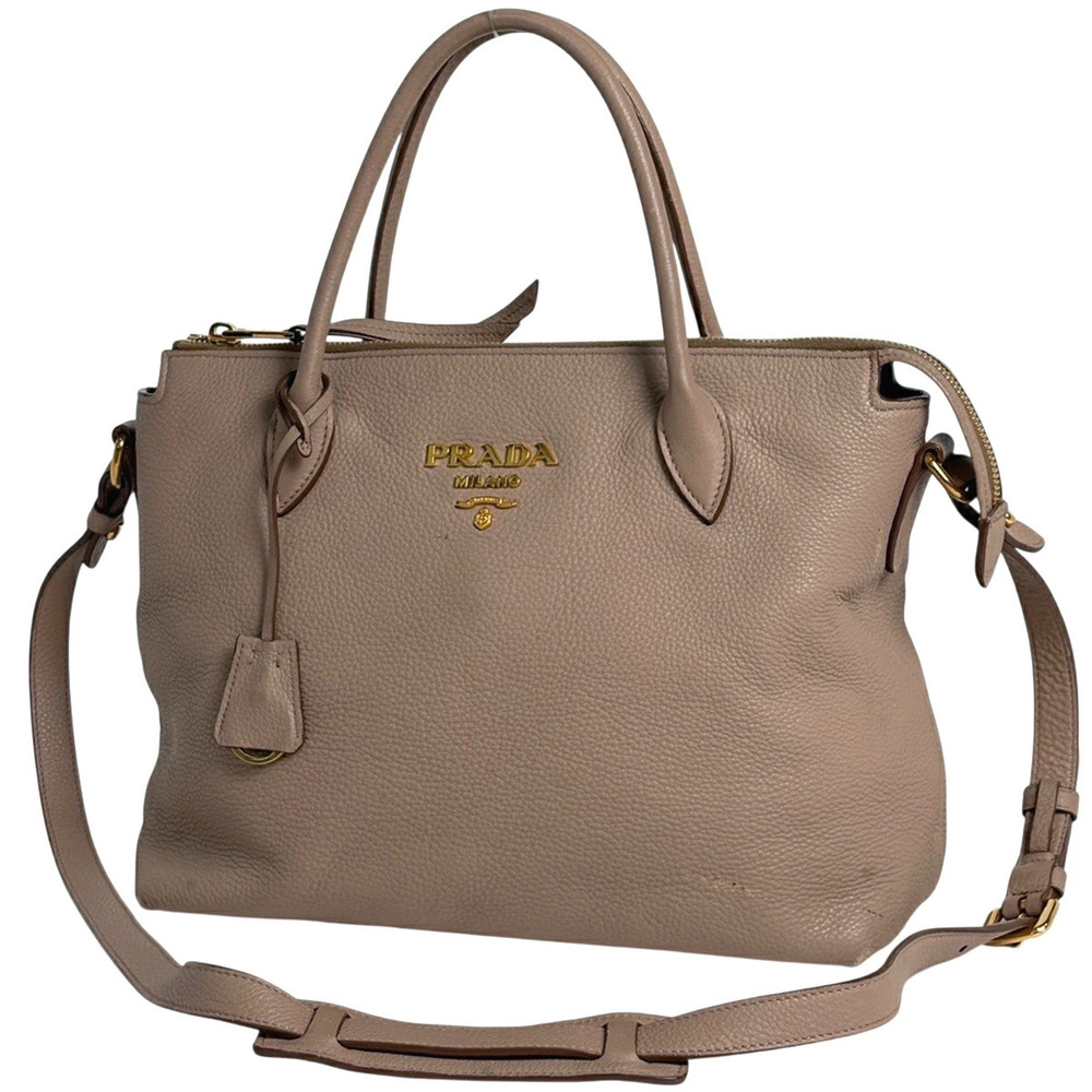 Prada Logo Handbag Shoulder Bag Leather Beige